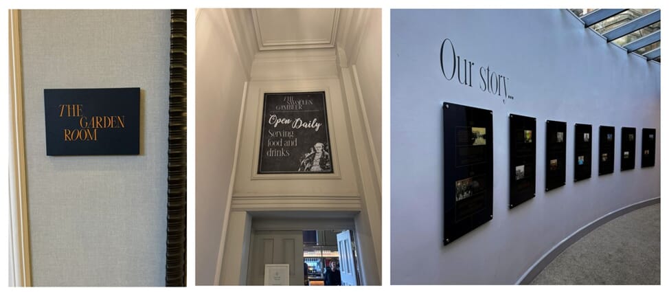 A collage of the interior signage for the Milner Hotel, some of which shows the story of the hotel while other capture the hotel's directional signage.